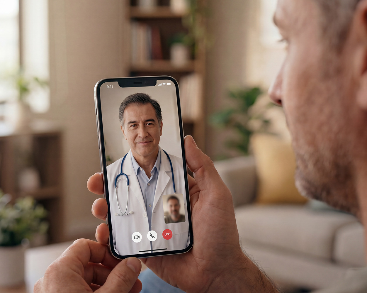 Persona atendiendo una videollamada con el doctor.